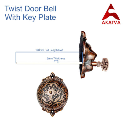 Vintage Twist Bell with Key Plate – Brass Twist Calling Bell – Hand Turn Doorbell - Old Fashioned Door Bell - Antique Copper