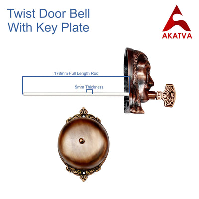 Vintage Twist Bell with Key Plate – Brass Twist Calling Bell – Hand Turn Doorbell - Old Fashioned Door Bell - Antique Copper