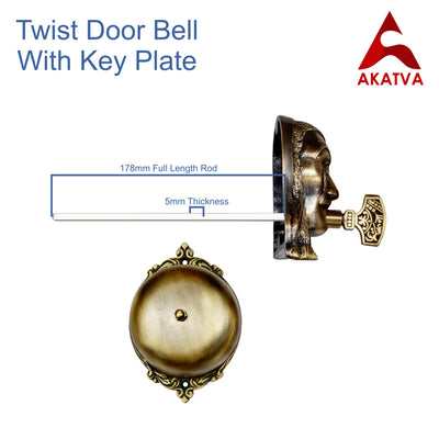 Vintage Twist Bell with Key Plate – Brass Twist Calling Bell – Hand Turn Doorbell - Old Fashioned Door Bell - Antique Brass