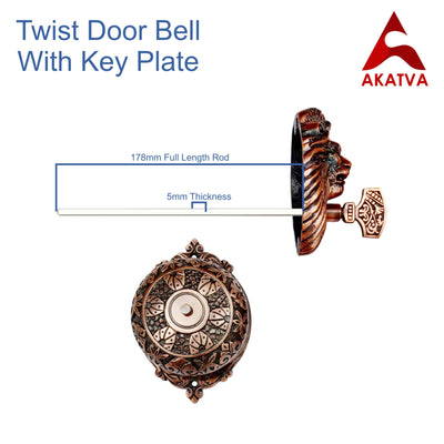 Vintage Twist Bell with Key Plate – Brass Twist Calling Bell – Hand Turn Doorbell - Old Fashioned Door Bell - Antique Copper