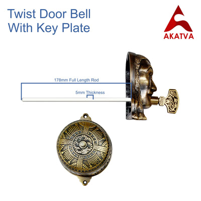 Vintage Twist Bell with Key Plate – Brass Twist Calling Bell – Hand Turn Doorbell - Old Fashioned Door Bell - Antique Brass