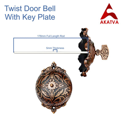 Vintage Twist Bell with Key Plate – Brass Twist Calling Bell – Hand Turn Doorbell - Old Fashioned Door Bell - Antique Copper