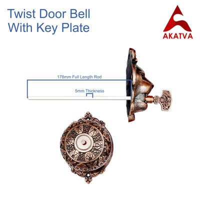 Vintage Twist Bell with Key Plate – Brass Twist Calling Bell – Hand Turn Doorbell - Old Fashioned Door Bell - Antique Copper