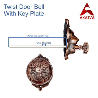 Vintage Twist Bell with Key Plate – Brass Twist Calling Bell – Hand Turn Doorbell - Old Fashioned Door Bell - Antique Copper