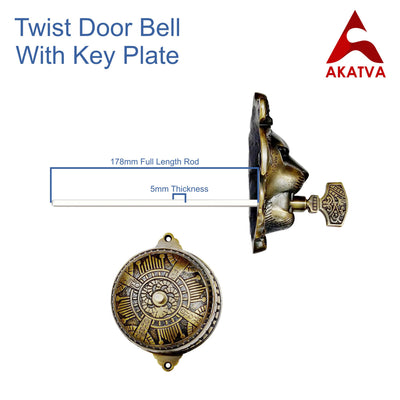 Vintage Twist Bell with Key Plate – Brass Twist Calling Bell – Hand Turn Doorbell - Old Fashioned Door Bell - Antique Brass