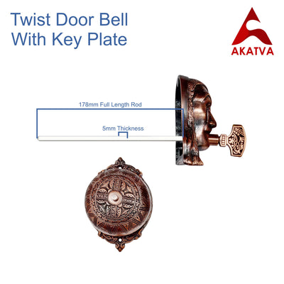 Vintage Twist Bell with Key Plate – Brass Twist Calling Bell – Hand Turn Doorbell - Old Fashioned Door Bell - Antique Copper