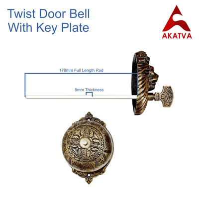 Vintage Twist Bell with Key Plate – Brass Twist Calling Bell – Hand Turn Doorbell - Old Fashioned Door Bell - Antique Brass