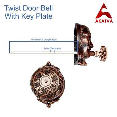 Vintage Twist Bell with Key Plate – Brass Twist Calling Bell – Hand Turn Doorbell - Old Fashioned Door Bell - Antique Copper