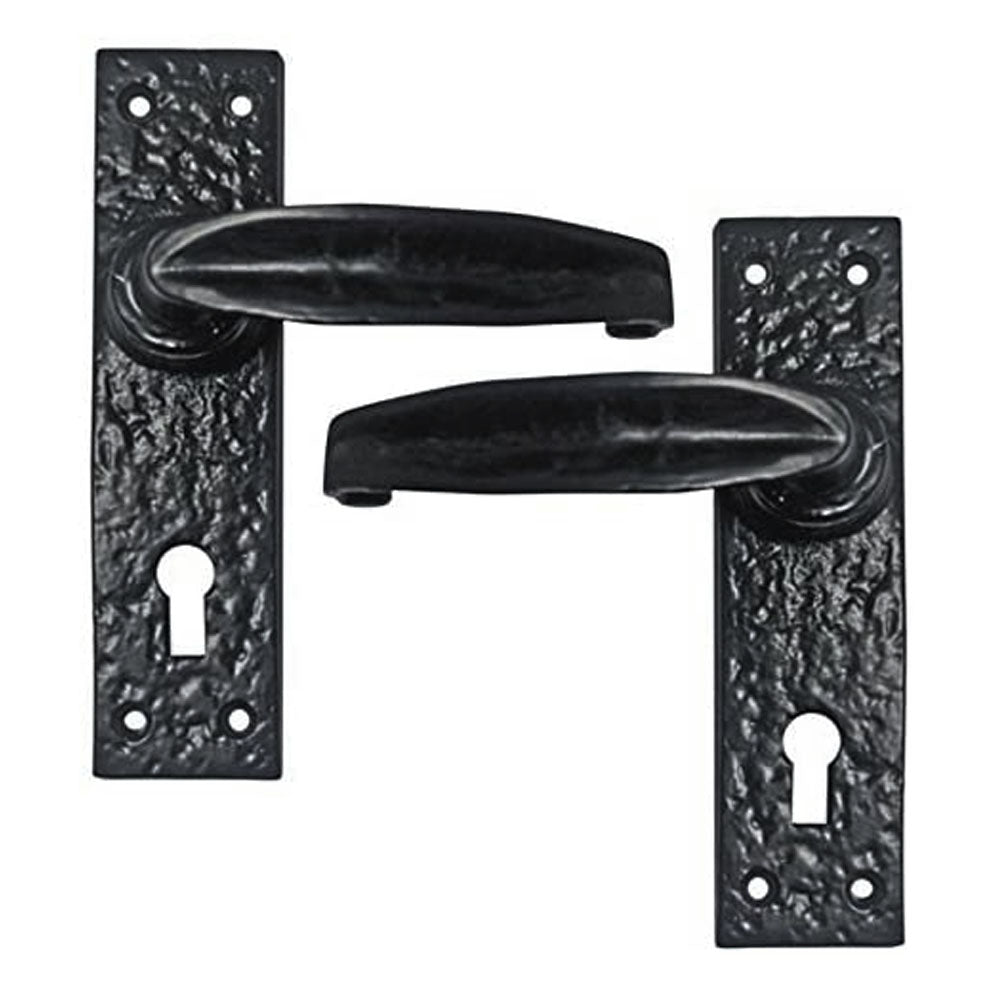 IRON DOOR HANDLE WITH PLATE - BLACK POWDER COATED FINISH