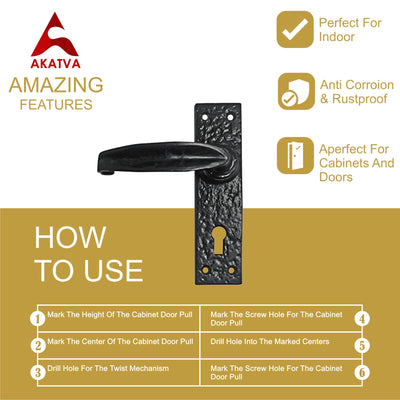 IRON DOOR HANDLE WITH PLATE - BLACK POWDER COATED FINISH