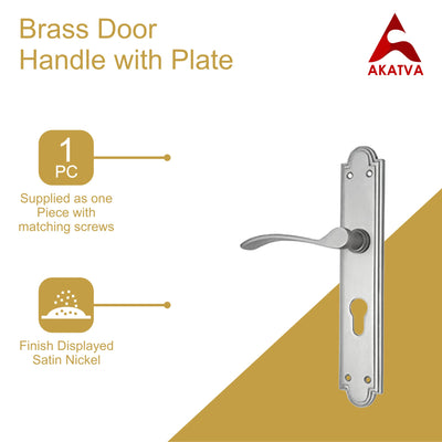 Brass Door Handle with Plate - Satin Nickel